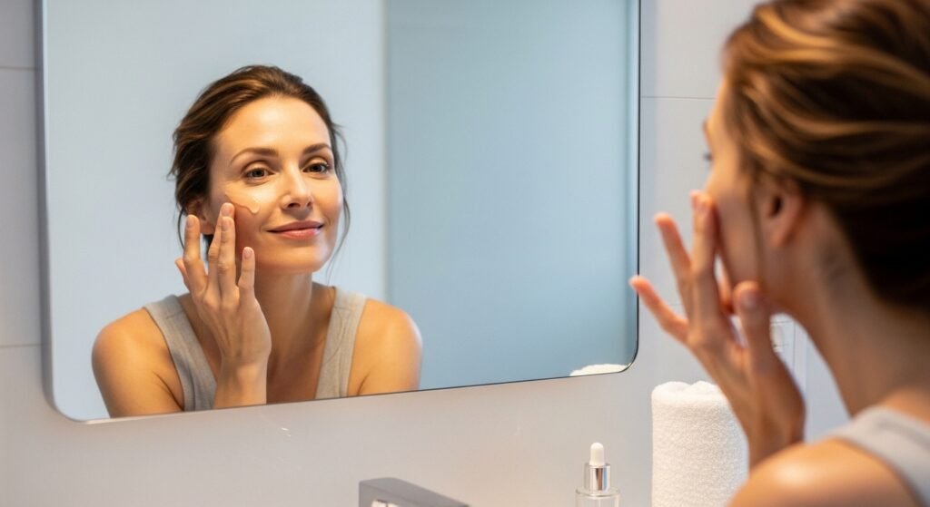 Woman applying peptide serum to face, anti-aging skincare for women over 40 routine, natural skin texture
