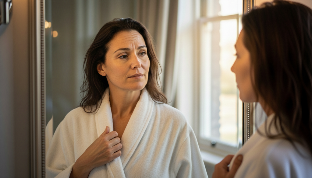 Woman in her 40s reflecting on skin changes in mirror, anti-aging skincare for women over 40